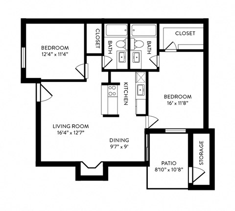B1 - 2 Bedroom, 2 Bathroom, 941 Square Feet - B1 Floorplan at Hillside Creek in Austin, TX